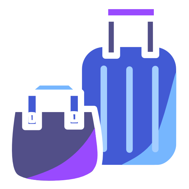 A purple bag with a blue hand sits next to a blue suitcase with a purple handle. The image has white line art.
